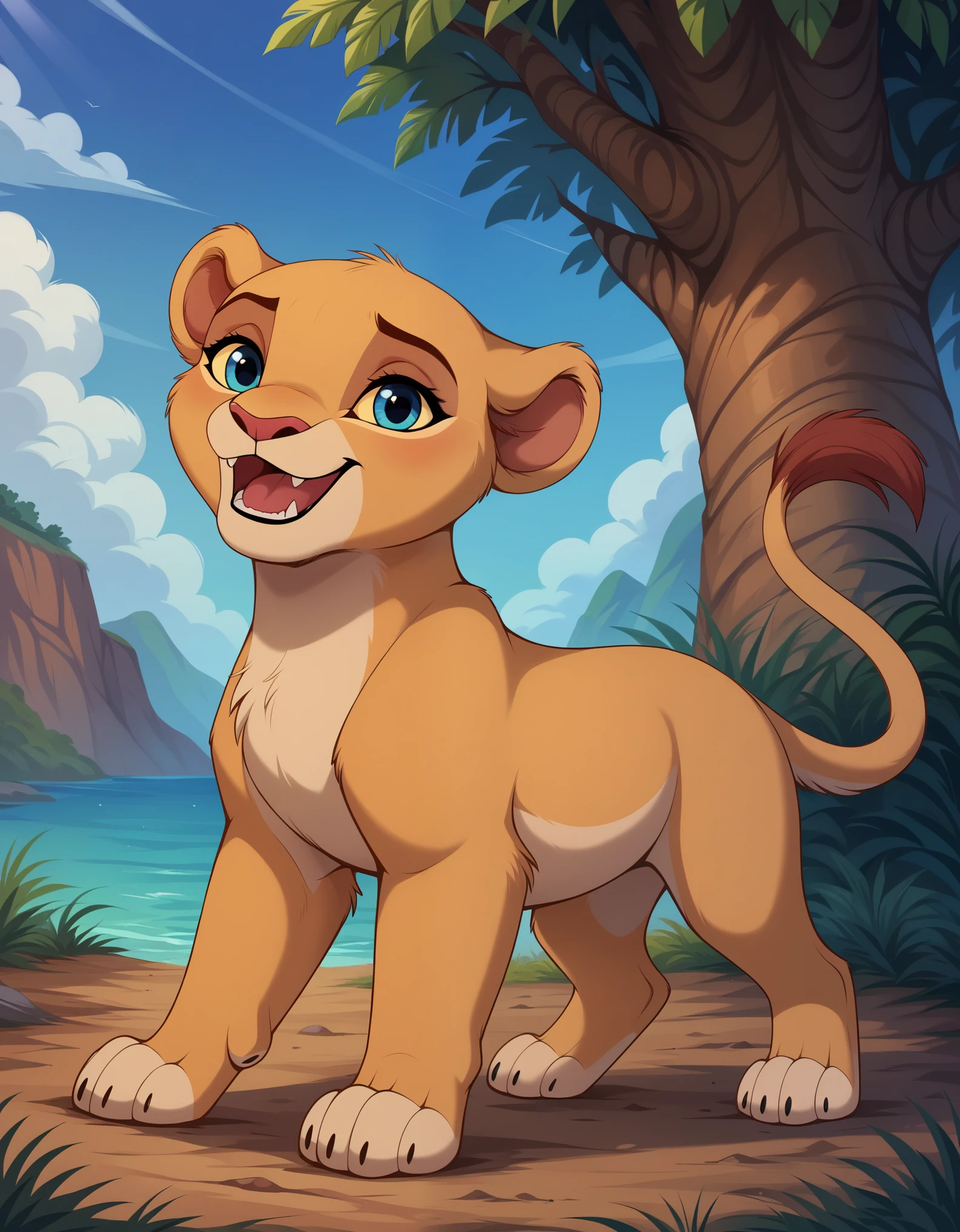 score_9, score_8_up, score_7_up, score_6_up, rating_safe, source_furry, disney, lioness, young female, (young nala), standing, solo, feral, (4 toes), weak paw, blue eyes, (lidded eyes:1.0), cub, (smile:0.3), open mouth, fang, white teeth, playful, looking at viewer, (dewclaw:0.5), 