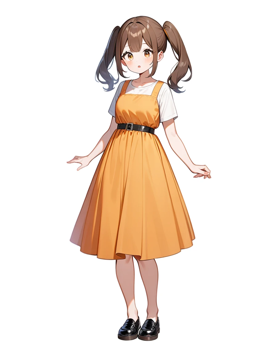 girl, Brown hair, two ponytails in hair, Brown eyes, White T-shirt, orange sundress, black shoes, Black Belt, White background, full height,