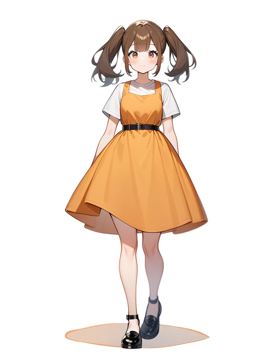 girl, Brown hair, two ponytails in hair, Brown eyes, White T-shirt, orange sundress, black shoes, Black Belt, White background, full height,