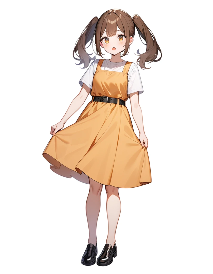 girl, Brown hair, two ponytails in hair, Brown eyes, White T-shirt, orange sundress, black shoes, Black Belt, White background, full height,