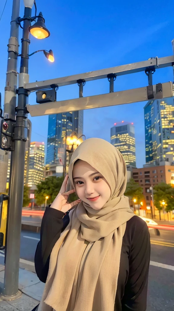 A hijab girl taking a photo shoot with a cheerful smile on her face, the background showing a vibrant cityscape with tall buildings and glowing streetlights, realistic, 4k 