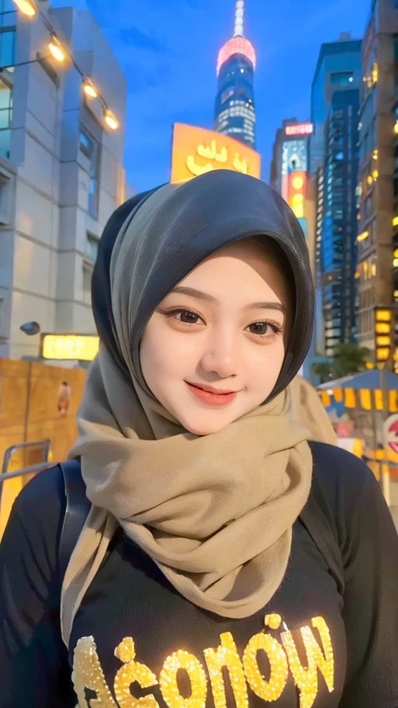 A hijab girl taking a photo shoot with a cheerful smile on her face, the background showing a vibrant cityscape with tall buildings and glowing streetlights, realistic, 4k 