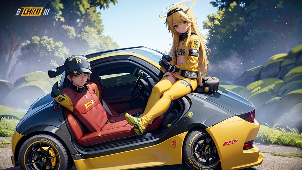 take a photo of lewis hamilton with a ferrari car ferrari red yellow green with the halo protection pirelli tires in a car as designed by the FIA for 2026 and 2025 with the helmet inspired by senna's helmet green yellow and black