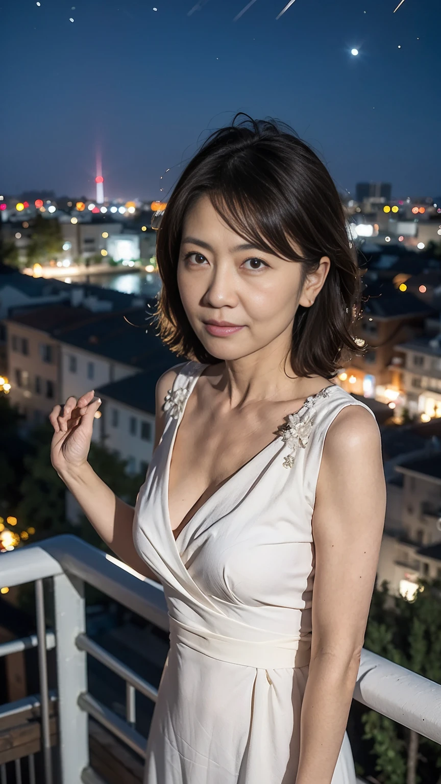 ((Highest quality, 8K, Ultra high definition)), ((masterpiece: 1.3)), (Perfect appearance), (Photorealism: 1.6), (JMA), (TI), (1人のJapanese Mature), (60 years old, Japanese Mature), (A Japanese woman standing on a balcony looking at the night view: 1.6), (Sideways figure of a woman: 1.4), (Only the face turns around: 1.4), (Late Night: 1.2), ((A woman standing at the edge of the screen: 1.6)), (Standing with both elbows leaning on the railing: 1.2), Slightly parted lips, A gentle smile, (Short bangs), (Cozloli Dress: 1.4), (Bust up portrait: 1.4),