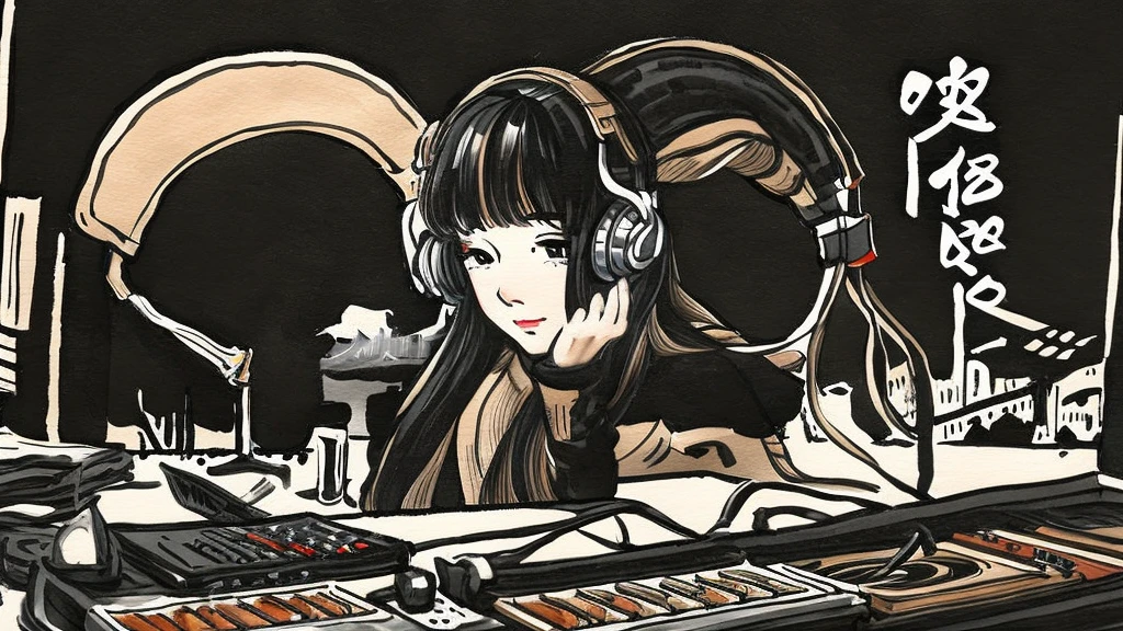 Japanese painting、music、headphone、DJ
