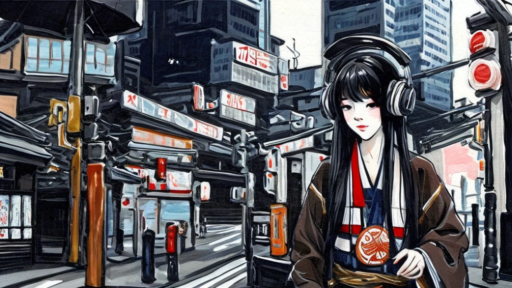 Japanese painting、music、headphone、DJ
