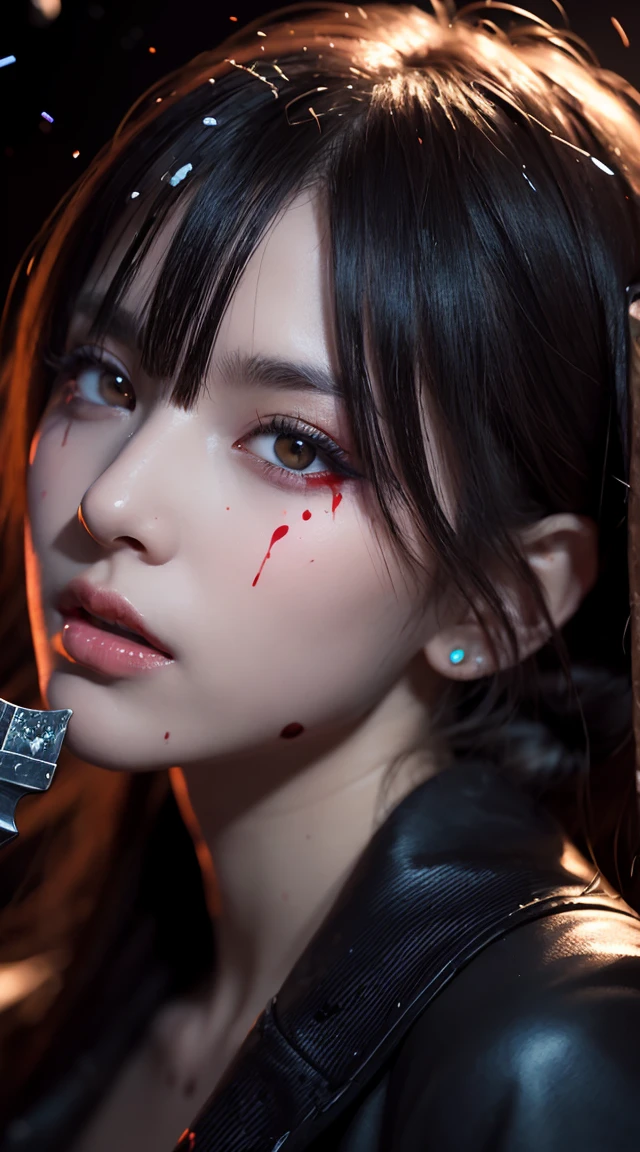 (This is a CG illustration..)(Tabletop:1.2, Highest quality), (Beautiful, detailed eyes: 1.2), (Detailed Background,Dark fantasy), (Beautifully detailed face), High Contrast, (Best lighting, Very delicate and beautiful), ((Cinematic Light)), colorful, Hyper Detail, Dramatic Light, Intricate details, (1 Girl, alone,Black Hair, Sharp Face,Low twin tails,Red eyes, Hair between the eyes,Dynamic Angle), (Blood splatter:1.4), Black light swirling around the character, Depth of written boundary,Blacklight Particle Loken Zic Circle, (lick the sword)