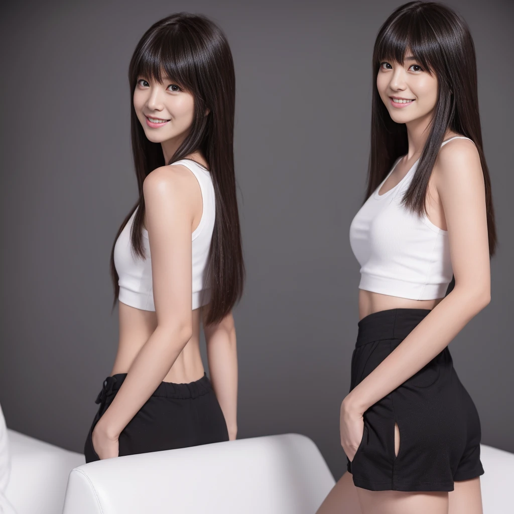 dark、8k, Highest quality, masterpiece: 1.2), (Realistic, Realistic: 1.37), Very detailed, Two people, 20-year-old, Japanese, Identical twin sisters, cute, Photo studio, (Blushing your nose), ( smile: 1.15), (Hug me from behind: 1.15), (Mouth closed), Small breasts, Beautiful and beautiful eyes, Very beautiful black hair, bangs, (White tank top, Shorts: 1.1), (Long Hair, trimmed bangs: 1.2), Floating Hair NovaFrogStyle