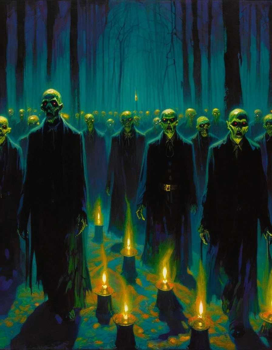 The holy company is a procession of zombies, in two lines and each one with a candle in their hands they travel the dark paths of the night forest (art inspired by Bill Sienkiewicz). oil painting)
