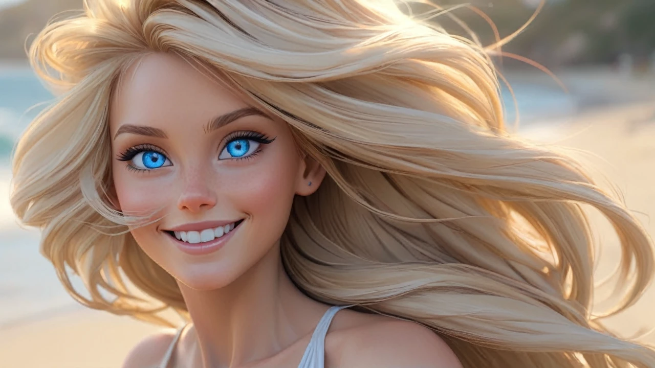 Pretty Female, Windblow blonde hair, glowing blue eyes, realistic, masterpiece, high detailed, 4K, beach background, high detailed light, little smile, white skin