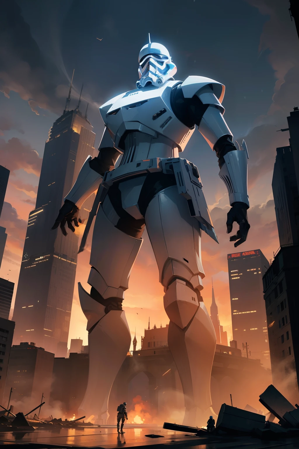 Gigantic Stormtrooper Towering Cityscape, a menacing structure reminiscent of the Imperial might, standing tall amidst the ruins of debris. The Stormtrooper, an imposing figure of metallic design, radiates immense electricity, causing chaos and destruction. Its colossal form casts long, ominous shadows over the city below, leaving the area shrouded in a cold, mechanical atmosphere. The city, once bustling with life, now lies in dis array, buildings crumbling, streets empty, a stark reminder of the Stormtrooper's power. In the distance, sparks fly as electrical surges ripple across the cityscape, painting the sky with a ha