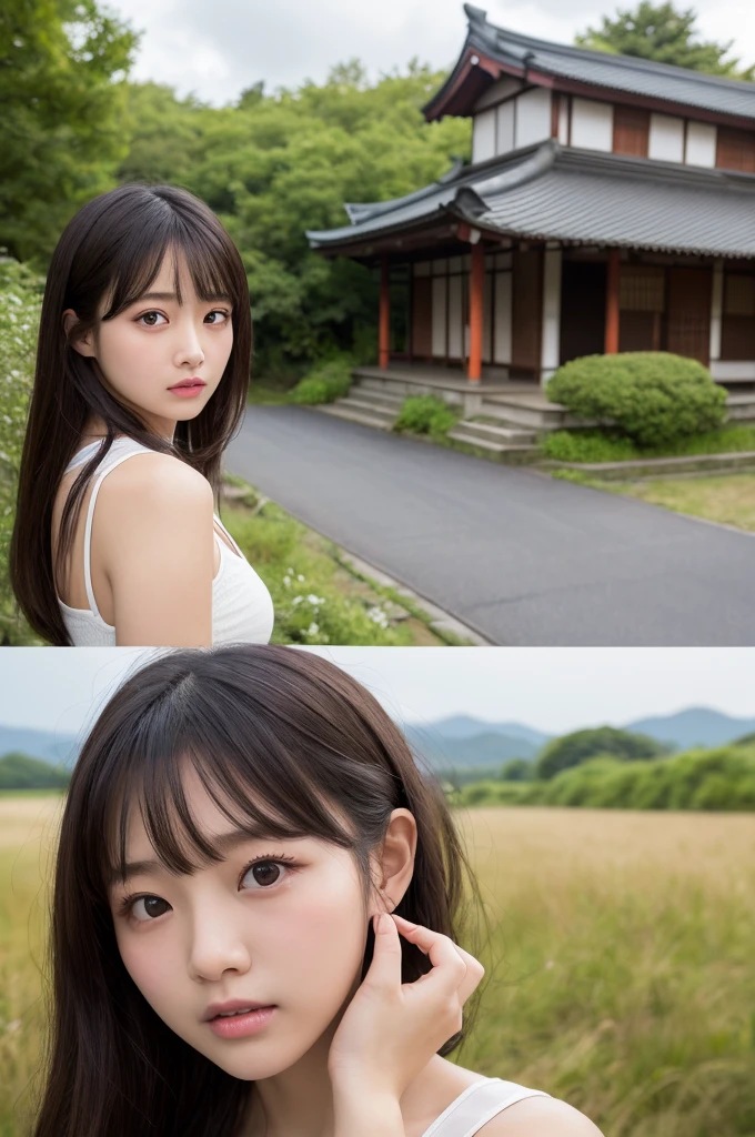 (1 Girl )、(Beautiful Japanese、18years old,round face、Refreshing、clear、seems kind、stylish、Pitiful、cute like an angel、cute、black eyes、,actress,Almond-shaped eyes,Translucent white skin、Beautiful skin), Japan human face , (((Beautiful breasts:0.4))),(((soft breasts))),(very cute),(Black hair),(enchanting eyes),(highlight on eyes:1.2)、(8K、Live shooting、highest quality、masterpiece:1.2、optimal lighting)、((masterpiece)),(Photo taken by a professional photographer),(real、photo real:1.4),break,{ (Cute summer clothes)},(cheeks are red:1.3), break, break,Face shot:1.3、 face close-up,Looking at viewer、From above,happy,Lonely face,Troubled face、Drooping eyebrows,Japanese countryside shrine,evening、Japanese countryside,evening、sunset、(Cleavage:0.1)、cumulonimbus