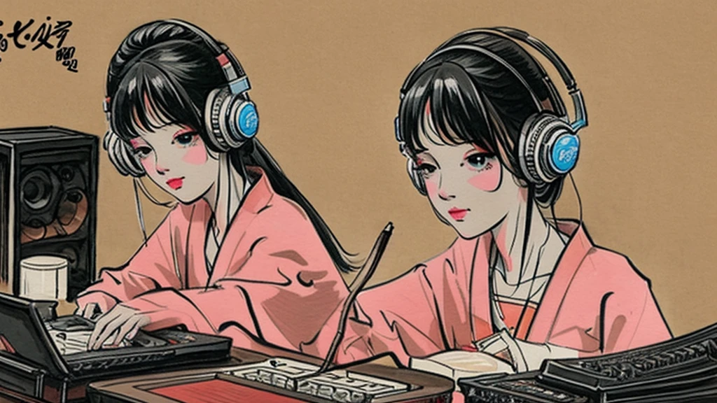 Ukiyo-e、music、headphone、DJ