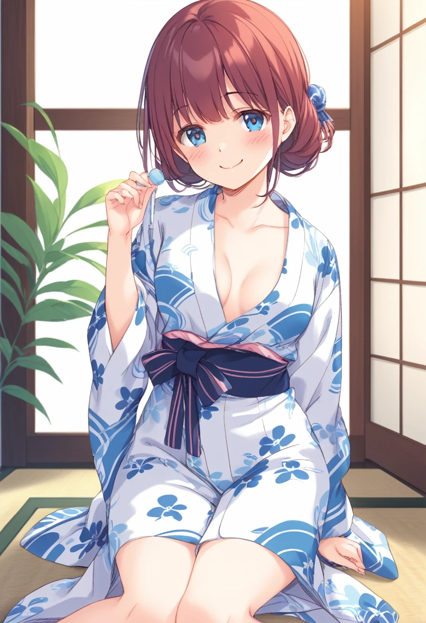 Cute beautiful girl、Sit down and raise your hips、naked、(Gentle smile, blush:1.7)、Open yukata,