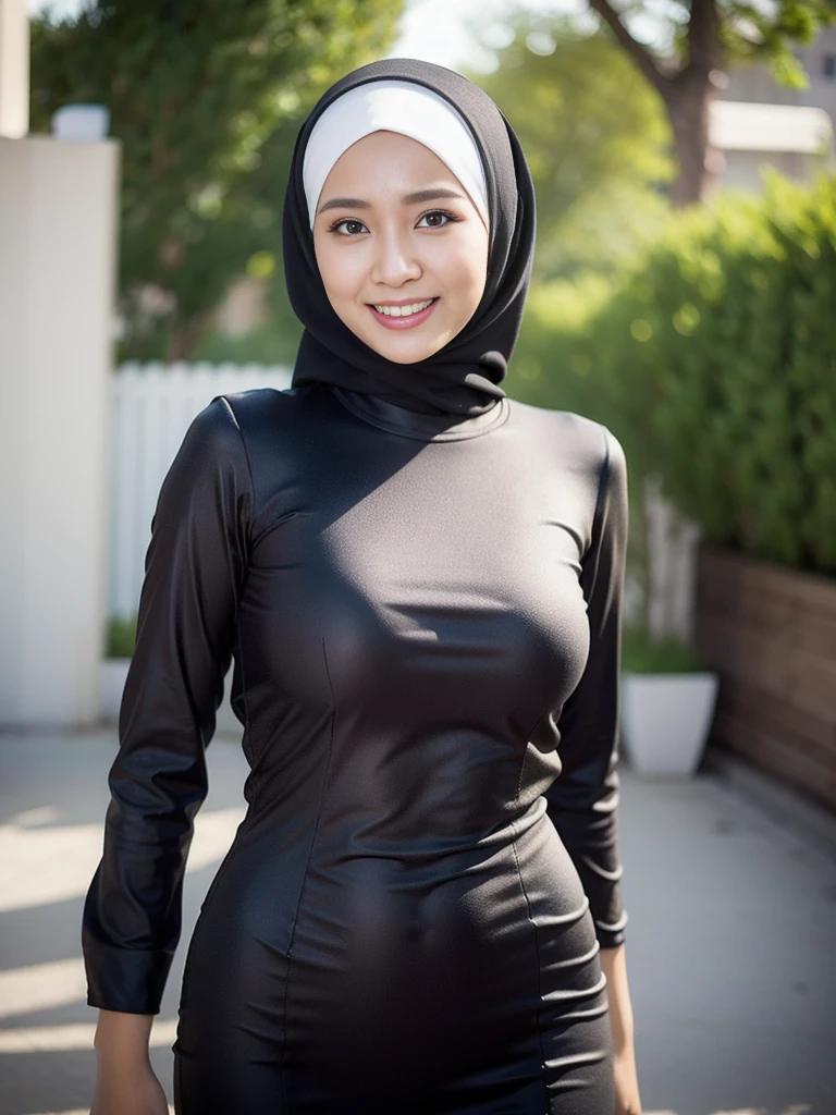 36 years Old, Hijab Indonesian mature woman, hardware store, Slim body, tight long sleeve dress, Breast about To burst out, blur background, bokeh, smiling, elegant, detailed skin,