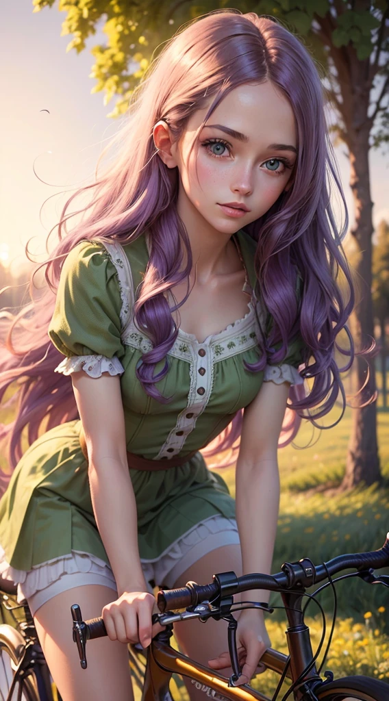 a girl with long purple hair, skinny, cute face, small bust, on bicycles, beautiful detailed eyes, beautiful detailed lips, extremely detailed eyes and face, long eyelashes, riding a vintage bicycle, sunset scenery, golden hour lighting, lush green nature background, intricate delicate details, ethereal, magical, whimsical, soft pastel colors, dreamlike, vibrant, photorealistic, highly detailed, 8k, best quality, masterpiece, ultra-detailed, realistic