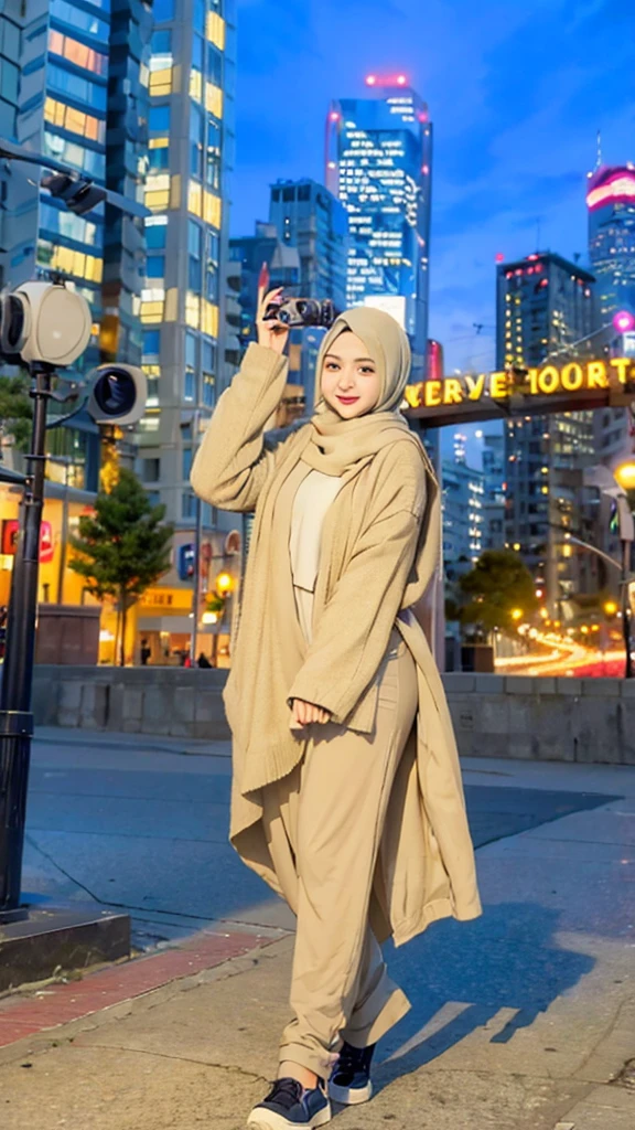 A hijab girl taking a photo shoot with a cheerful smile on her face, full body, the background showing a vibrant cityscape with tall buildings and glowing streetlights, realistic, 4k