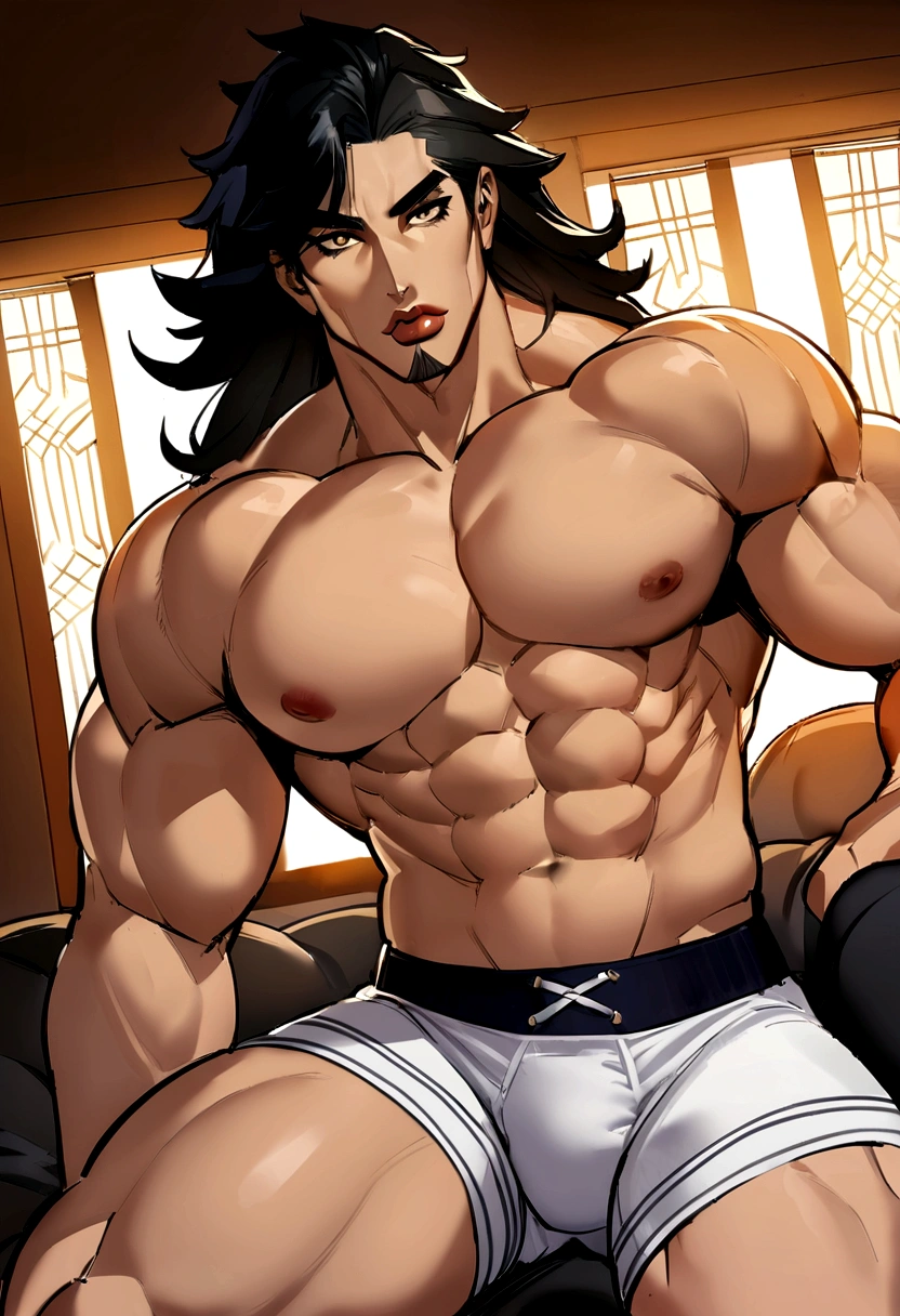 retrato de um cara bonito, 16 anos, sem camisa, barechest, sem barba, with messy, wavy black hair, olhos azuis super claros, thick lips, defined muscles, ajustar, corpo rasgado, tiro de corpo inteiro, rosto detalhado ultra mais alto, Dharmatic Lighting, luz difusa, Apertado short boxer-Cuecas, Apertado underwear, Cuecas, Apertado, deitar de costas na cama, pernas abertas