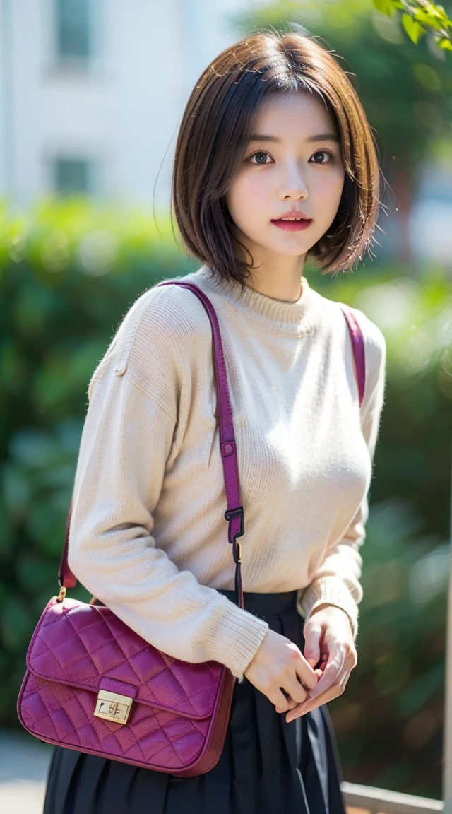 Highest quality, shape, Very detailed, finely, High resolution, 8k wallpaper, 完璧なダイナミックな構shape, Beautiful and exquisite, Natural Lip, whole body, front,Shyness、Embarrassed expression、Large Breasts、Slightly sagging breasts、Bob Cut Hair、University classroom、Pleated skirt、((looking at the camera))、Brown Hair、sweater、(((1 crossbody bag)))、ノースリーブsweater ,((The camera takes the picture from an oblique angle)),