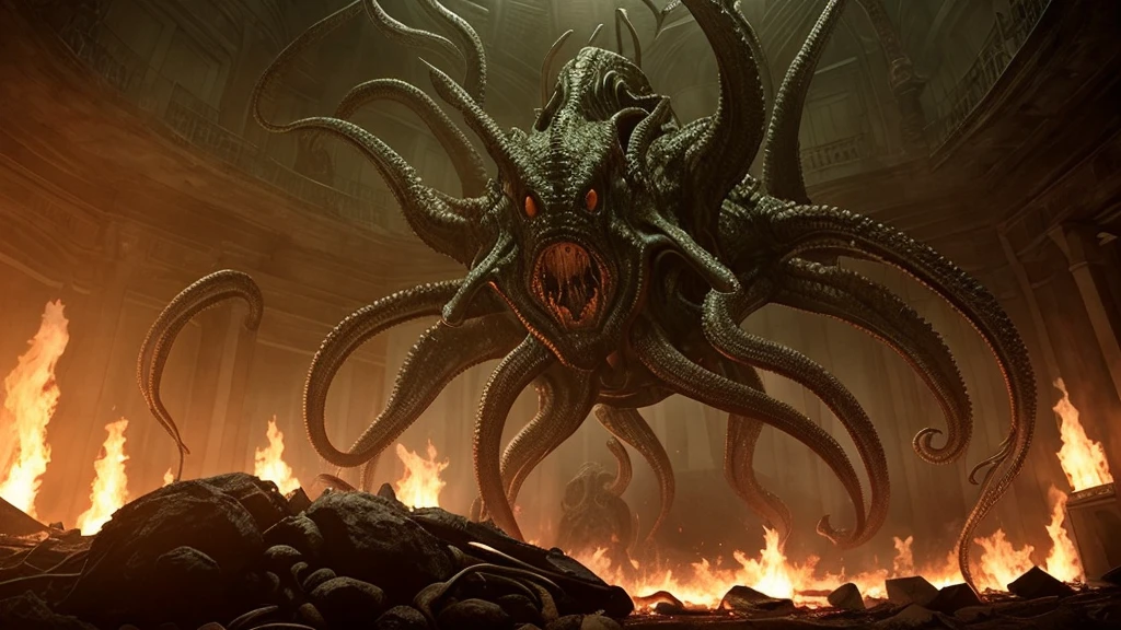 Unspeakable horror、Cthulhu、Movie footage、High resolution、masterpiece、The wide-angle lens is distorted、Alien good々Coming down,