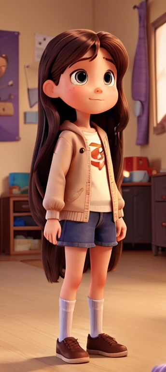 create a thin 9 girl with long dark hair in pixar style standing