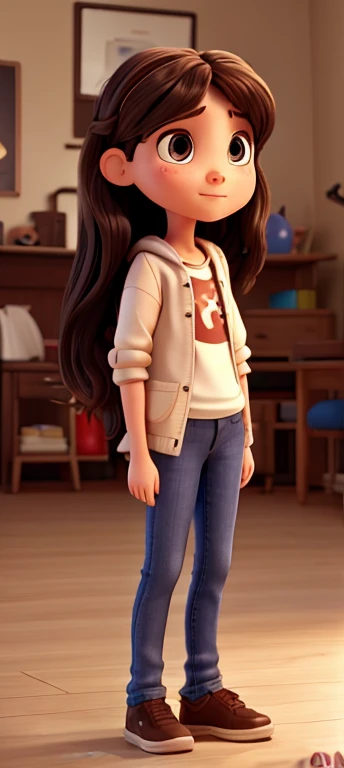 create a thin 9 girl with long dark hair in pixar style standing