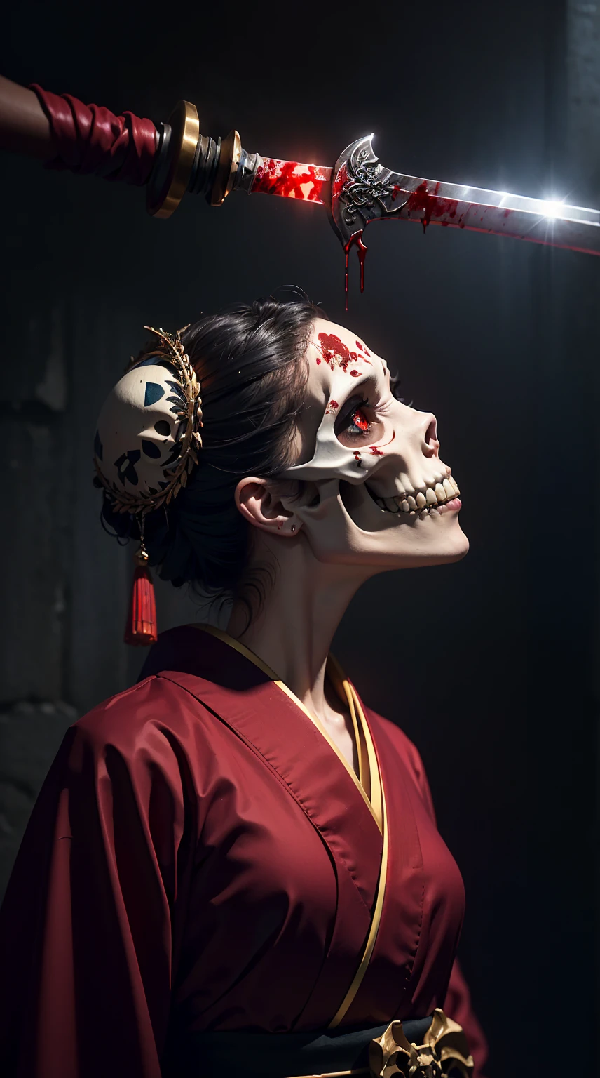 "(Best lighting, dark, dramatic),(Geisha skull spitting in red ink, scar,  sexy, brain, Blood, In the head, terrorism.),(Red eyes, Calaveras). Morning light. (The sword penetrates the body)