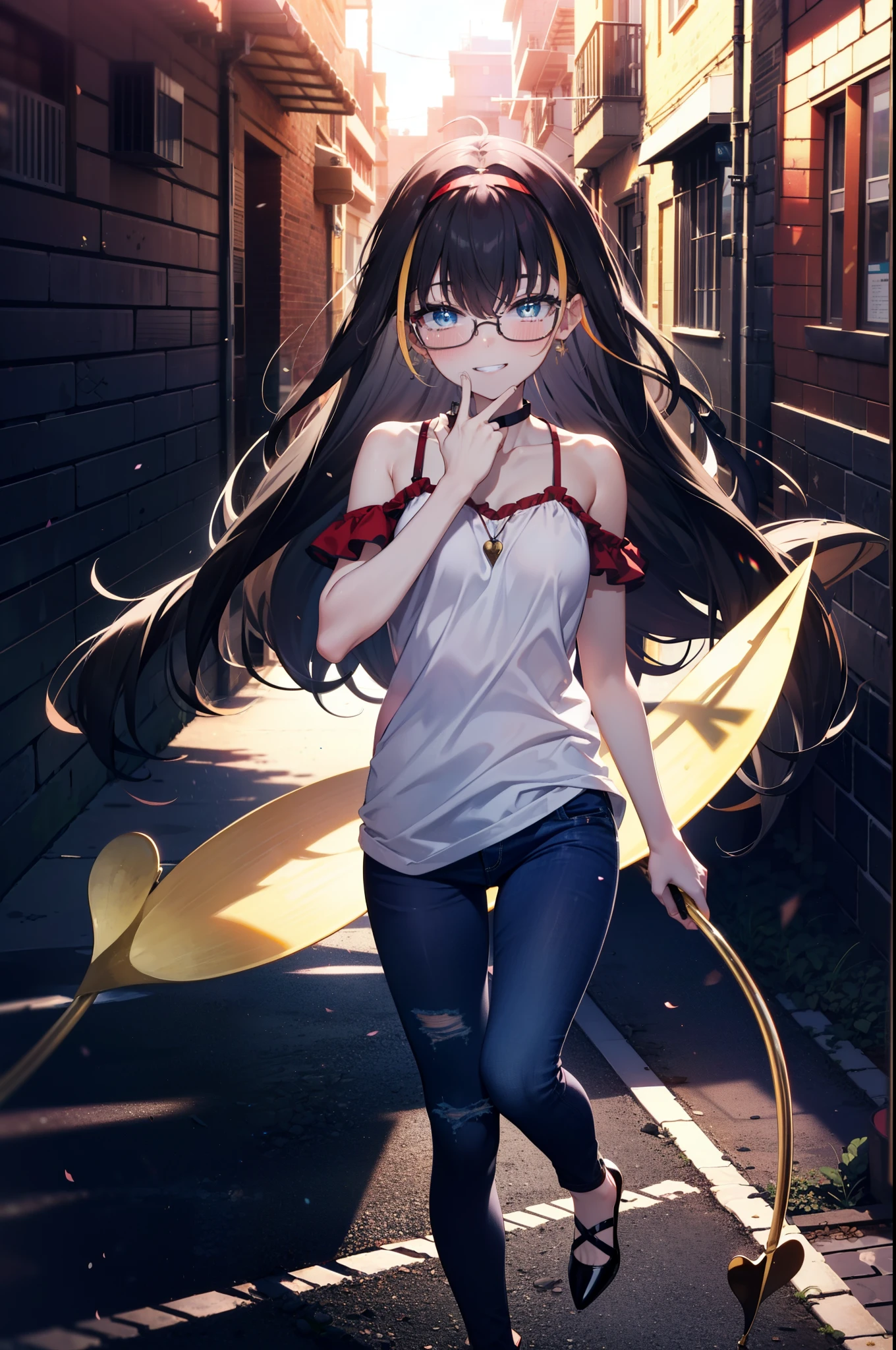 small, small, Black Hair, blue eyes, demon tail, hair band, Long Hair, mechanical tail, Multicolored Hair, tail, smile,Grin,tooth,Black-rimmed glasses,Cold shoulder tops,Short sleeve,Skinny jeans,Stiletto heels,morning,morning陽,The sun is rising,Walking,whole bodyがイラストに入るように,
break looking at viewer, whole body,
break outdoors,Building district,
break (masterpiece:1.2), Highest quality, High resolution, unity 8k wallpaper, (figure:0.8), (beautiful detailed eyes:1.6), extremely detailed face, Perfect lighting, extremely detailed CG, (Perfect hands, Perfect Anatomy),