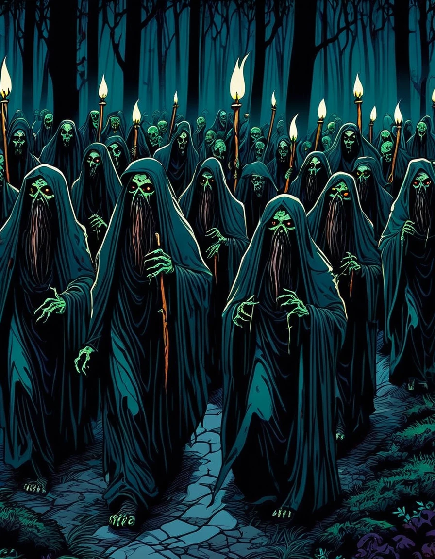 The holy company is a procession of zombies, in two lines and each one carries a candle in their hands, thus they travel the dark paths of the night forest