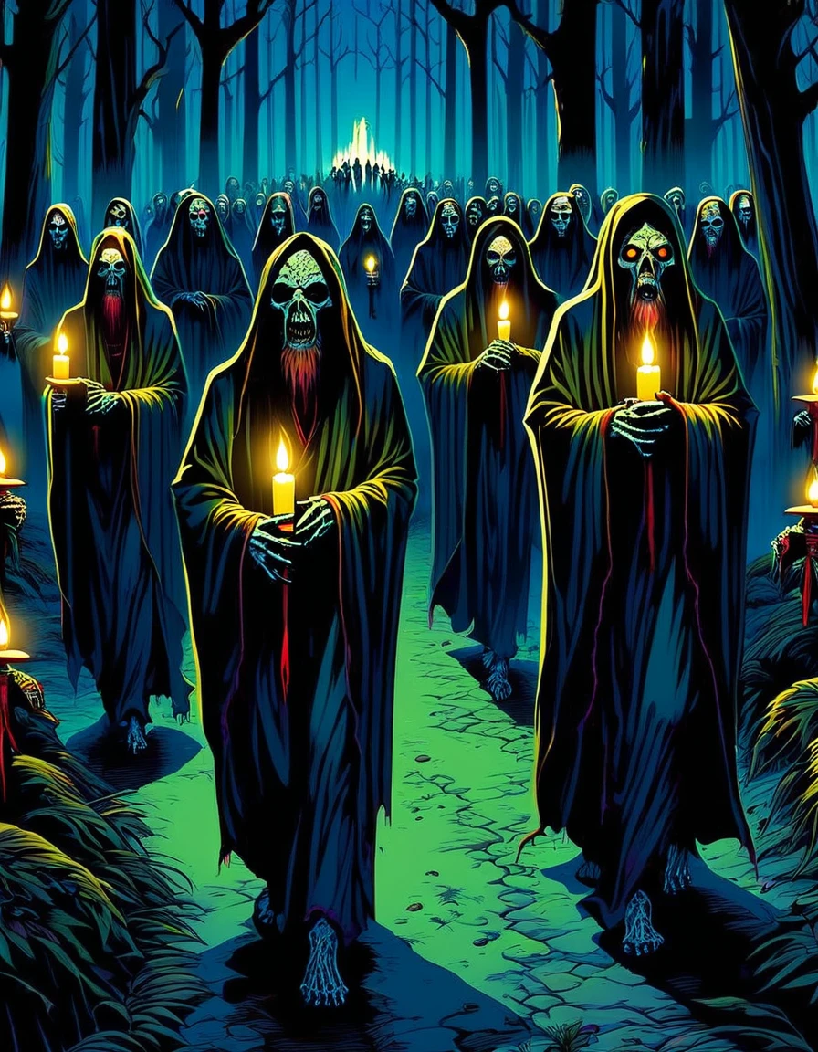 The holy company is a procession of zombies, in two lines and each one carries a candle in their hands, thus they travel the dark paths of the night forest