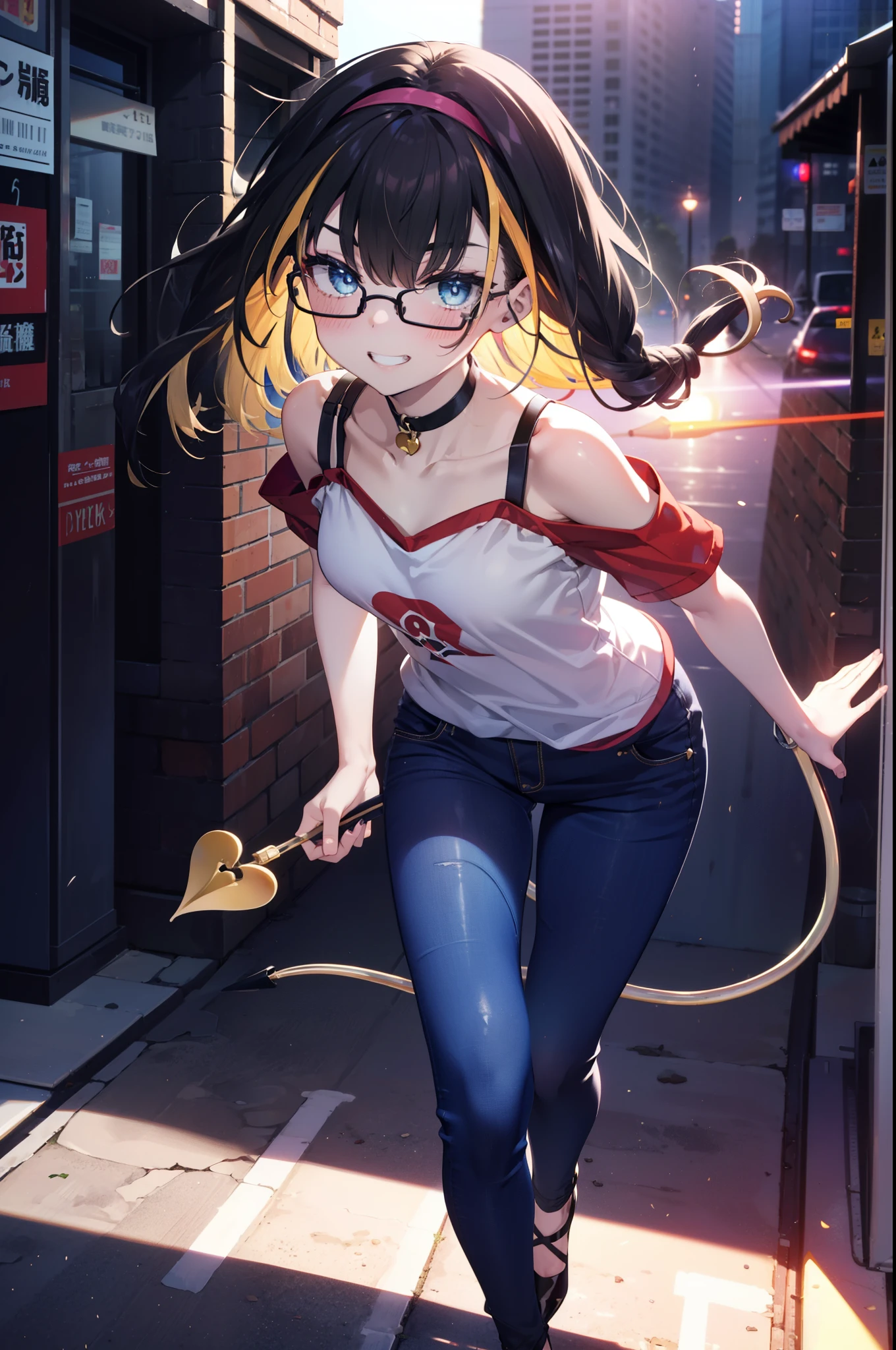 small, small, Black Hair, blue eyes, demon tail, hair band, Long Hair, mechanical tail, Multicolored Hair, tail, smile,Grin,tooth,Black-rimmed glasses,Cold shoulder tops,Short sleeve,Skinny jeans,Stiletto heels,morning,morning陽,The sun is rising,Walking,whole bodyがイラストに入るように,
break looking at viewer, whole body,
break outdoors,Building district,
break (masterpiece:1.2), Highest quality, High resolution, unity 8k wallpaper, (figure:0.8), (beautiful detailed eyes:1.6), extremely detailed face, Perfect lighting, extremely detailed CG, (Perfect hands, Perfect Anatomy),