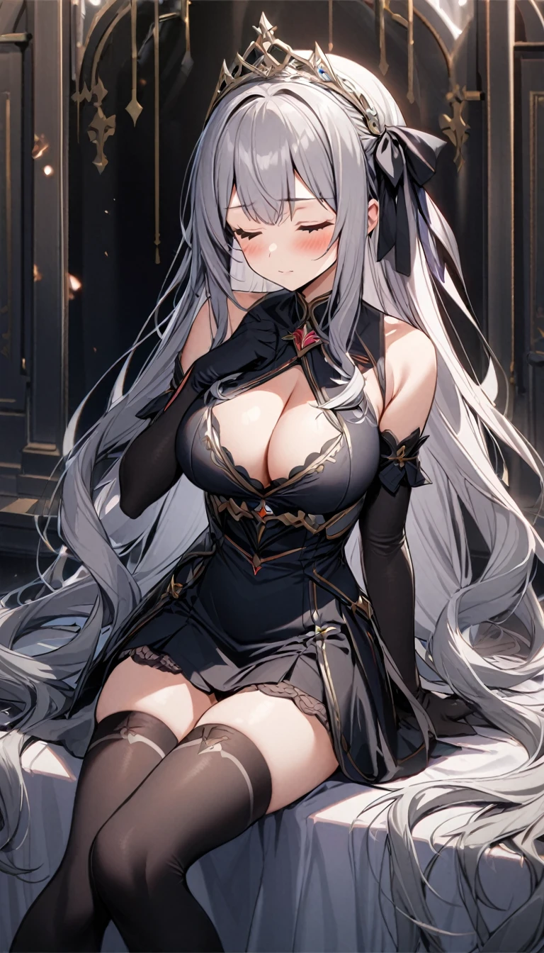 1girl, solo, long hair, breasts, blush, bangs, large breasts, thighhighs, gloves, dress, ribbon, cleavage, bare shoulders, sitting, very long hair, closed mouth, closed eyes, hair ribbon, grey hair, sidelocks, thighs, hairband, detached sleeves, sleeveless, black gloves, elbow gloves, black thighhighs, hand up, black dress, zettai ryouiki, sleeveless dress, short dress, tiara ,