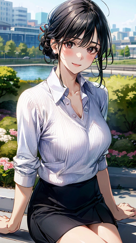 (masterpiece:1.2, Highest quality, Ultra-high resolution, Super detailed), (Realistic, photoRealistic:1.4), Beautiful illustrations, (Natural Side Lighting, Cinema Lighting), View your viewers, 1 Girl, Japanese, Adult women,30 years old, Perfect Face, (Perfect Anatomy), Cute and symmetrical face, Shiny skin, thin,(Black Hair, Updo Hair:1.4)、braided bangs、 Hair between the eyes, Swept-apart bangs, Brown eyes, Droopy eyes, Big eyes, Long eyelashes, (Large Breasts), Beautiful Hair, Beautiful Face, Beautiful attention to detail, Beautiful clavicle, Beautiful body, Beautiful breasts, Beautiful thighs, Beautiful feet, (((Collared shirt:1.4), Wraparound skirt:1.4, Wearing a V-neck sweater over a shirt、(V-neck knit:1.3))), (Beautiful views), Depth of written boundary, morning, (garden, distant cityscape), Sitting on a bench, (Cute smile, Upward glance, Open your mouth),