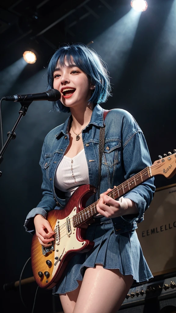 ((best quality)), photorealistic, photorealism, Photorealistic, high resolution, denim jacket、 Sexy Lace bra、Red checked knee-length skirt、Long skirt、JK Style、Jacket、smile、A superb beauty、Super cute、ennui、Rare beauty、Very Short hair、Aestethic tatoo、Black Dark Eyeshadow、Sad、white skin、pale skin, Very short hair layered、Dark Gothic Makeup、Cute Smile、Fragrant beauty、Stained glass background、Mastepiece、Best Quality、Refers to 5 books、Sweat glistening on my chest、Sweat glistening on my face、Small breasts、Blue hair、Age 20 years old、Mysterious look、A sad expression、Blue Hair、mysterious gothic church、enchanting castle、Sweating profusely all over the body、A lot of sweat and light on the thighs、Shiny thighs、Plenty of sweat glistening on the thighs、A large amount of sweat glistens on my thighs、Sweating profusely、Gal、Medium breasts、Beautiful face、Alluring expression、Thick thighs、Showed her back、Playing electric guitar、I have an electric guitar、Sing a song enthusiastically、Playing guitar in a band、Rock band、Playing guitar chords、Live House Background、Sing a song、Open your mouth、Live house scenery、Mike stand、Glamorous live stage、Dynamic Angle、cinematic lighting