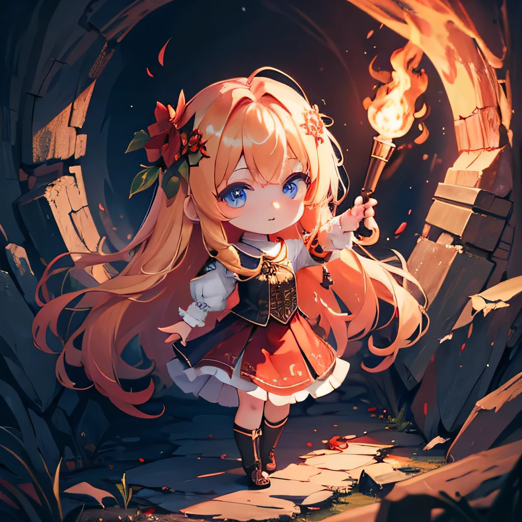 masterpiece, Highest quality, 8k wallpaper, Very detailed, 1 girl, Golden Hair, Long Hair, fine grain, ((Chibi Character))、Red Skirt、Deformed、 Dress shirt,Red flower hair ornament,dark、Light blue eyes、Holding a torch、Go through the cave
