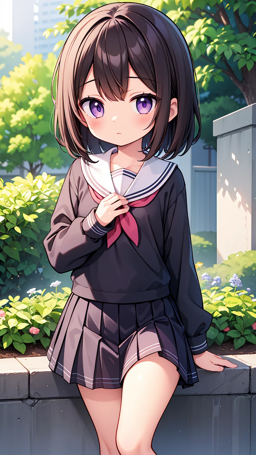 (High quality), (masterpiece), (very detailed), girl, (small chest:1.6), short brown hair, purple eyes, shy face, primary school girl, white blouse, black skirt with pleats, (loli), showing her thighs, on the school yard, sunny, school girl, (sailor uniform), confessing his love towards the viewer, spectator looked under her, adorable eyes, (small school uniform)