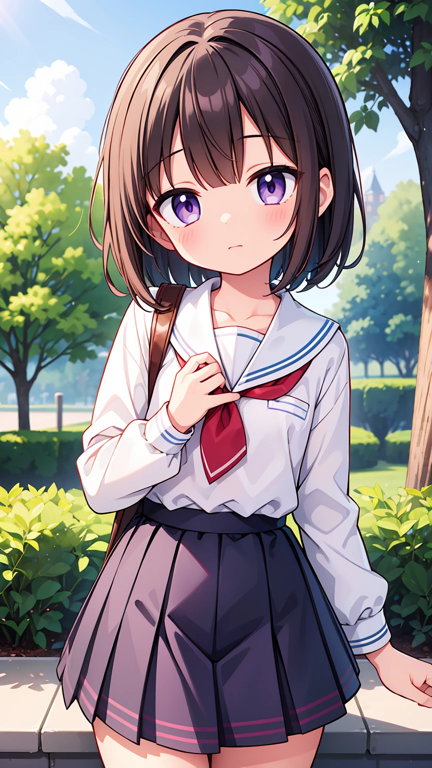 (High quality), (masterpiece), (very detailed), girl, (small chest:1.6), short brown hair, purple eyes, shy face, primary school girl, white blouse, black skirt with pleats, (loli), showing her thighs, on the school yard, sunny, school girl, (sailor uniform), confessing his love towards the viewer, spectator looked under her, adorable eyes, (small school uniform)