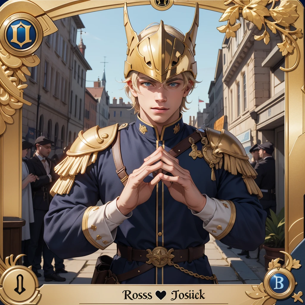 Ross Lynch as Roman soldier, gold helmet, front-facing on a tarot card, making a symbol with his hands together, (BUREL written) at the bottom of the card, tarot card