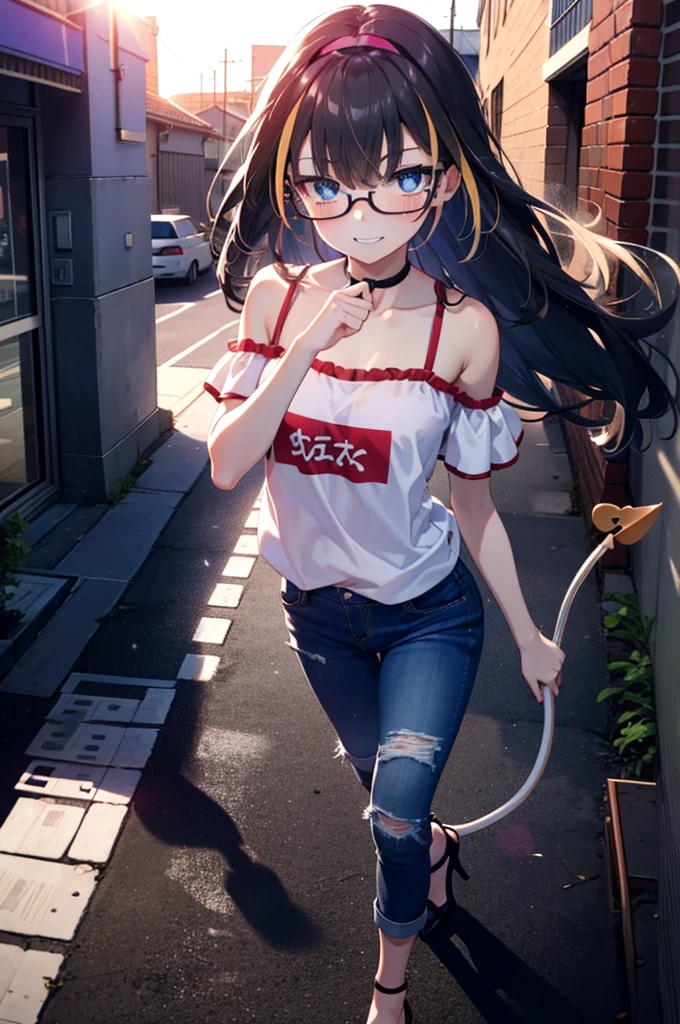 small, small, Black Hair, blue eyes, demon tail, hair band, Long Hair, mechanical tail, Multicolored Hair, tail, smile,Grin,tooth,Black-rimmed glasses,Cold shoulder tops,Short sleeve,Skinny jeans,Stiletto heels,morning,morning陽,The sun is rising,Walking,whole bodyがイラストに入るように,
break looking at viewer, whole body,
break outdoors,Building district,
break (masterpiece:1.2), Highest quality, High resolution, unity 8k wallpaper, (figure:0.8), (beautiful detailed eyes:1.6), extremely detailed face, Perfect lighting, extremely detailed CG, (Perfect hands, Perfect Anatomy),