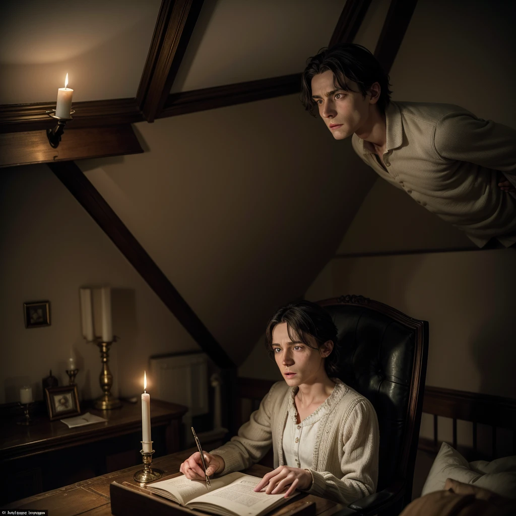 Chapter 4: Disturbing Revelations"Caroline is sitting on a chair in the attic, reading an old diary by candlelight. His expression is one of shock and horror as he discovers the mansion's dark secrets and the history of voodoo practitioners.. Ao fundo, podem ser vistas sombras inquietantes que parecem observar Caroline. The atmosphere is dark and full of tension."