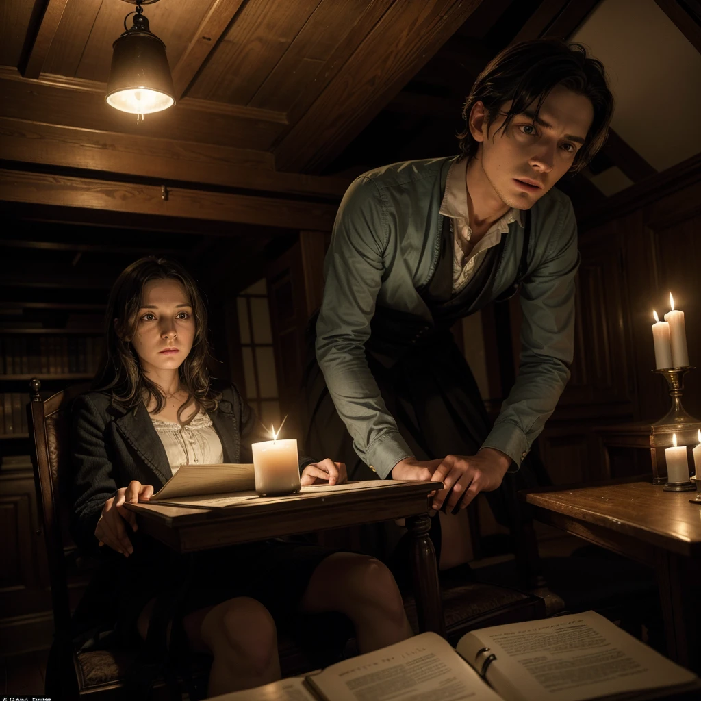 Chapter 4: Disturbing Revelations"Caroline is sitting on a chair in the attic, reading an old diary by candlelight. His expression is one of shock and horror as he discovers the mansion's dark secrets and the history of voodoo practitioners.. Ao fundo, podem ser vistas sombras inquietantes que parecem observar Caroline. The atmosphere is dark and full of tension."