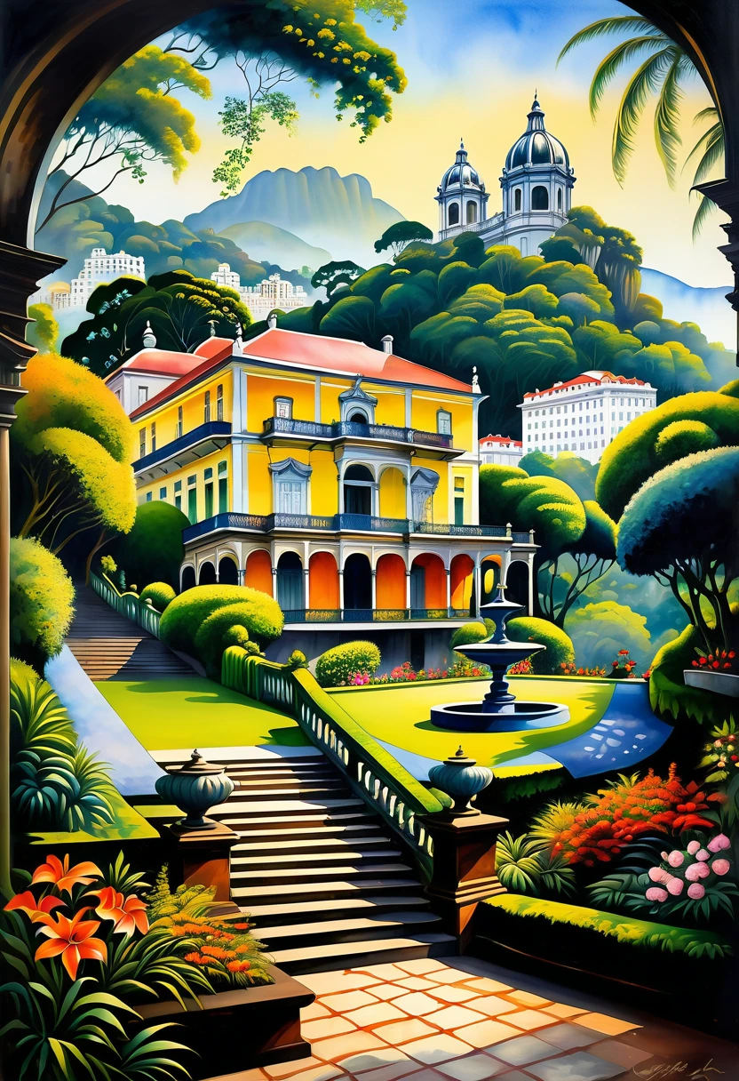 Imagine an elegant view of the Petrópolis garden, Rio de Janeiro, surrounded by lush flowers and trees, 1900s, First Republic of Brazil, silhouette of a majestic historic mansion in the background, handmade painting, harmoniously mixing 2D and 3D styles, watercolor with graffiti and oil painting. Impressionist style with vibrant colors and intricate patterns, mix of 2D and 3D with peeling paint details, Rio de Janeiro, scene bathed in soft evening light, majestic historic mansion, creating an intimate and romantic atmosphere, 1900s, painting with artistic harmony, conceptual art station. Hyper-realistic painting, surreal matte painting, magical realism matte painting, mix of 2D and 3D, harmonious mix of artistic styles such as graffiti, watercolor and oil painting, craft painting. The vibrant colors and intricate patterns of the elegant view of the Petrópolis garden, surrounded by lush flowers and trees, art from the 1900s, hyper-realistic handmade painting, by a renowned conceptual artist