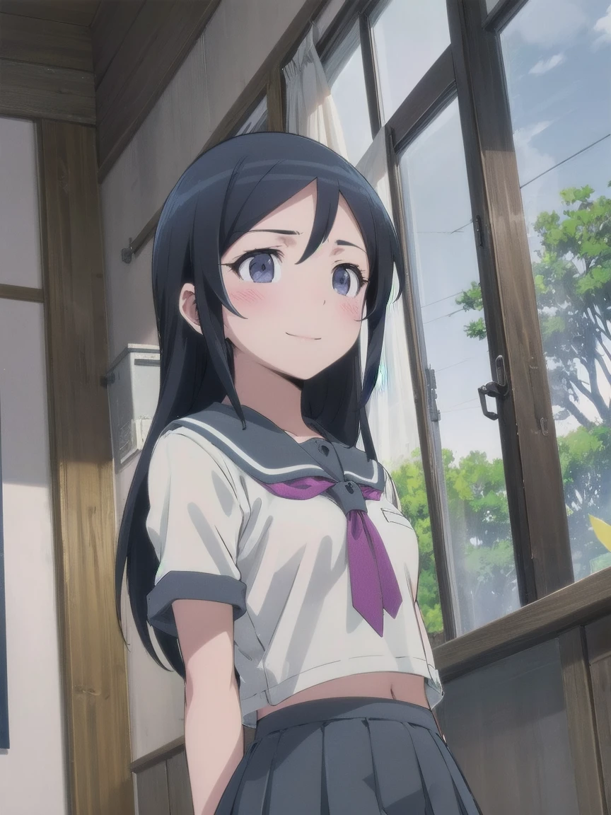 ayase aragaki, very cute and beautiful girl, (highly detailed beautiful face), (smile), blush, black hair, pixie cut, serafuku, pleated navy blue mini skirt, standing,from below, white panties, wooden classroom, window, distant trees and town, (best quality,masterpiece:1.2), absurdres, highres,ultra-detailed, extremely detailed,32k,8k resolution, intricate details, cinematic scene, detailed background, solo, dynamic angle,