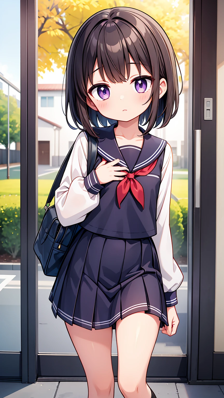 (High quality), (masterpiece), (very detailed), girl, (small chest:1.6), short brown hair, purple eyes, shy face, primary school girl, white blouse, black skirt with pleats, (), showing her thighs, on the school yard, sunny, school girl, (sailor uniform), confessing his love towards the viewer, spectator looked under her, adorable eyes, (small school uniform)