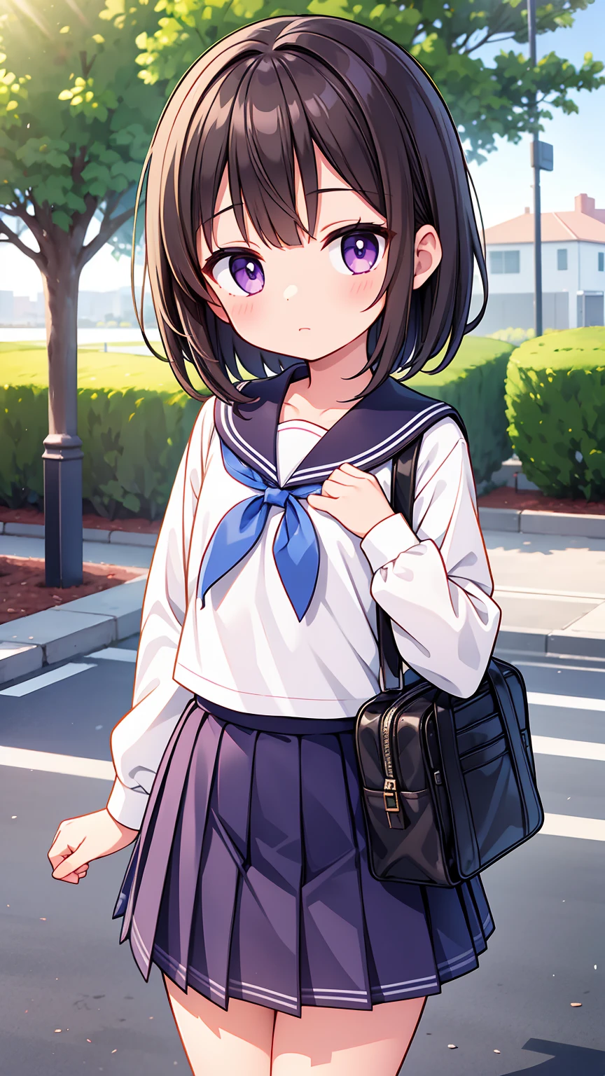 (High quality), (masterpiece), (very detailed), girl, (small chest:1.6), short brown hair, purple eyes, shy face, primary school girl, white blouse, black skirt with pleats, (loli), showing her thighs, on the school yard, sunny, school girl, (sailor uniform), confessing his love towards the viewer, spectator looked under her, adorable eyes, (small school uniform)