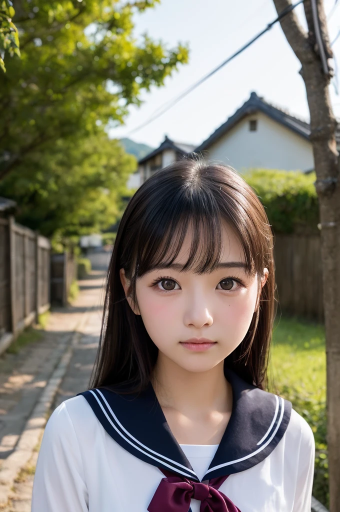 (1 Girl )、(Beautiful Japanese、18years old,round face、Refreshing、clear、seems kind、stylish、Pitiful、cute like an angel、cute、black eyes、,actress,Almond-shaped eyes,Translucent white skin、Beautiful skin), Japan human face , (((Beautiful breasts:0.4))),(((soft breasts))),(very cute),(Black hair),(enchanting eyes),(highlight on eyes:1.2)、(8K、Live shooting、highest quality、masterpiece:1.2、optimal lighting)、((masterpiece)),(Photo taken by a professional photographer),(real、photo real:1.4),break,{(cute Japanese high school sailor uniform),((Sailor Suit:1.0))},(cheeks are red:1.3), break, break,Face shot:1.3、 face close-up,Looking at viewer、From above,happy,Lonely face,Troubled face,Japanese countryside shrine,evening、Japanese countryside,evening、sunset、(Cleavage:0.1)、cumulonimbus、Shower、Clothes are wet from rain