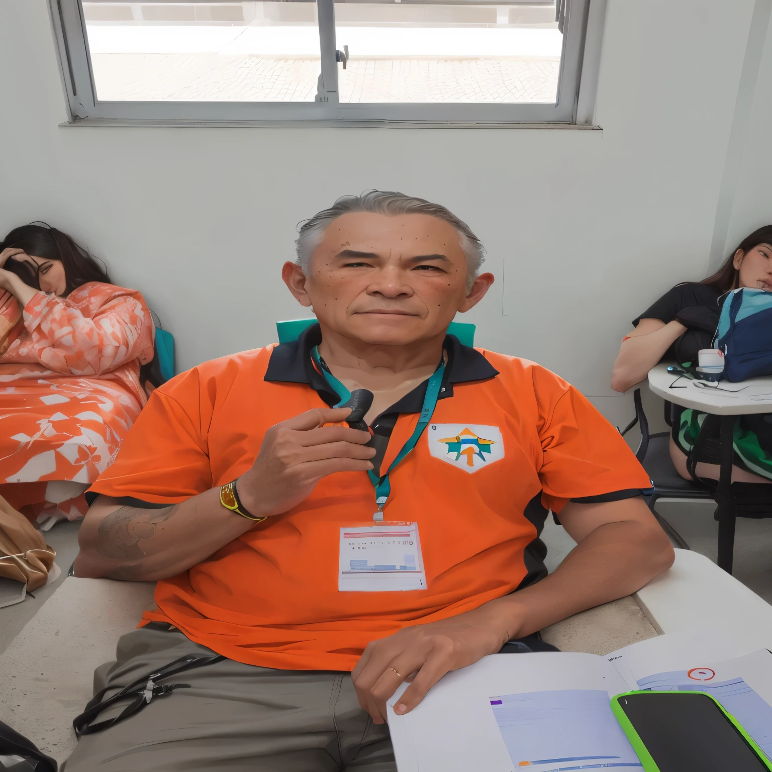 there&#39;s a man sitting at a table with a badge around his neck, carmelo blandino, henrique alvim corrêa, icaro carvalho, david rios ferreira, edu souza, Andreia Rocha, por Luis Miranda, astor alexander, luiz escanuela, adreas rocha, by Ramon Silva