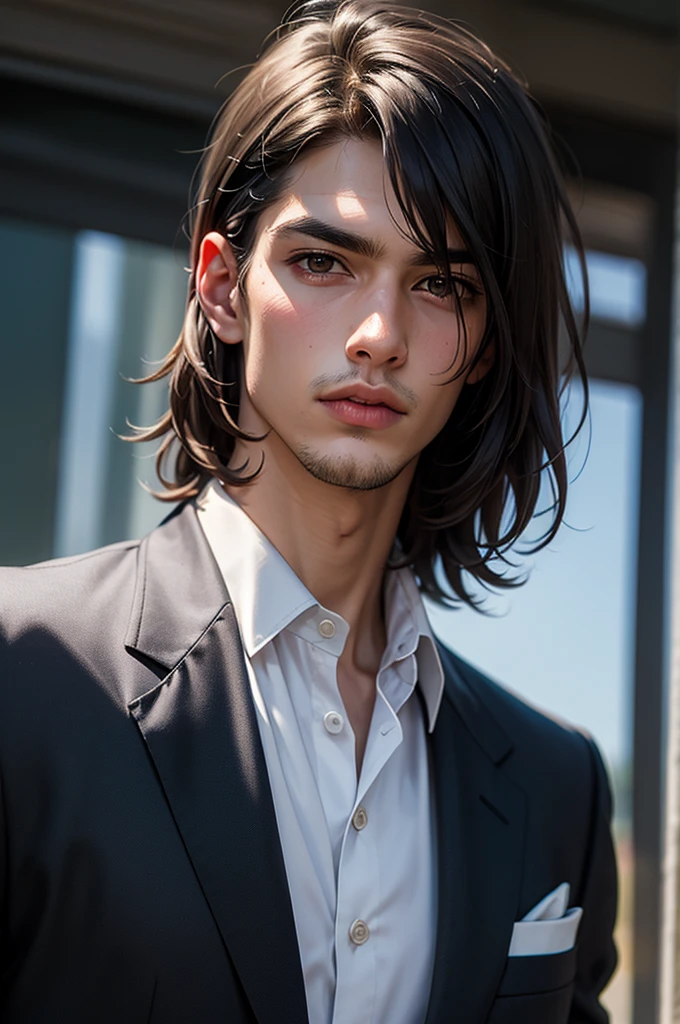 solo, mirando al espectador, cabello largo hasta la espalda, golpes, fondo sencillo, camisa, pelo negro, 1 chico, Fondo blanco, pelo entre los ojos, Ojos claros, boca cerrada, aura fuerte, joven ,chaqueta, white camisa, parte superior del cuerpo, enfoque masculino, corbata, collared camisa, nombre del artista, formal, retrato, black corbata