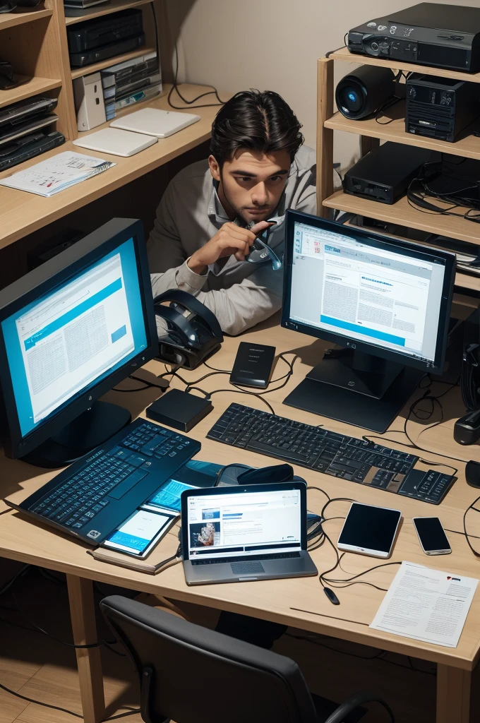 The description of the image is as follows: The image depicts an overhead view of a person sitting in front of a computer, with multiple electronic devices and clutter around. O ambiente parece estar mal iluminado, iluminado principalmente pela luz da tela do computador, que emite um brilho nos objetos ao redor. There are cables, CDs, papers and various equipment spread across what appears to be a table. The person is focused on the computer screen, suggesting an intense work environment or an evening session at the workstation.