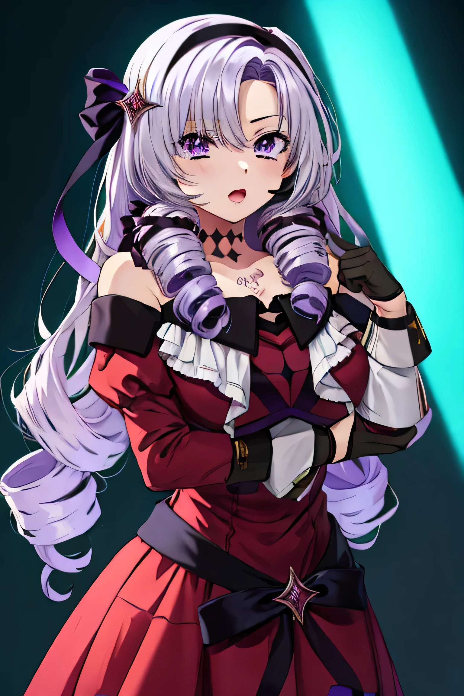 beautiful, (masterpiece:1.2), (Highest quality:1.2), Perfect Eyes, Perfect Face, Perfect lighting,One girl, Oily skin,masterpiece, Highest quality, High resolution, (Salome), Drill Hair, Parted bangs, hair band, ribbon, Purple eyes, Large Breasts, tattoo, ((Red dress)),Long sleeve, Bare shoulders, Black gloves, Cowboy shot ojou-sama pose, Open your mouth, ((headset)),